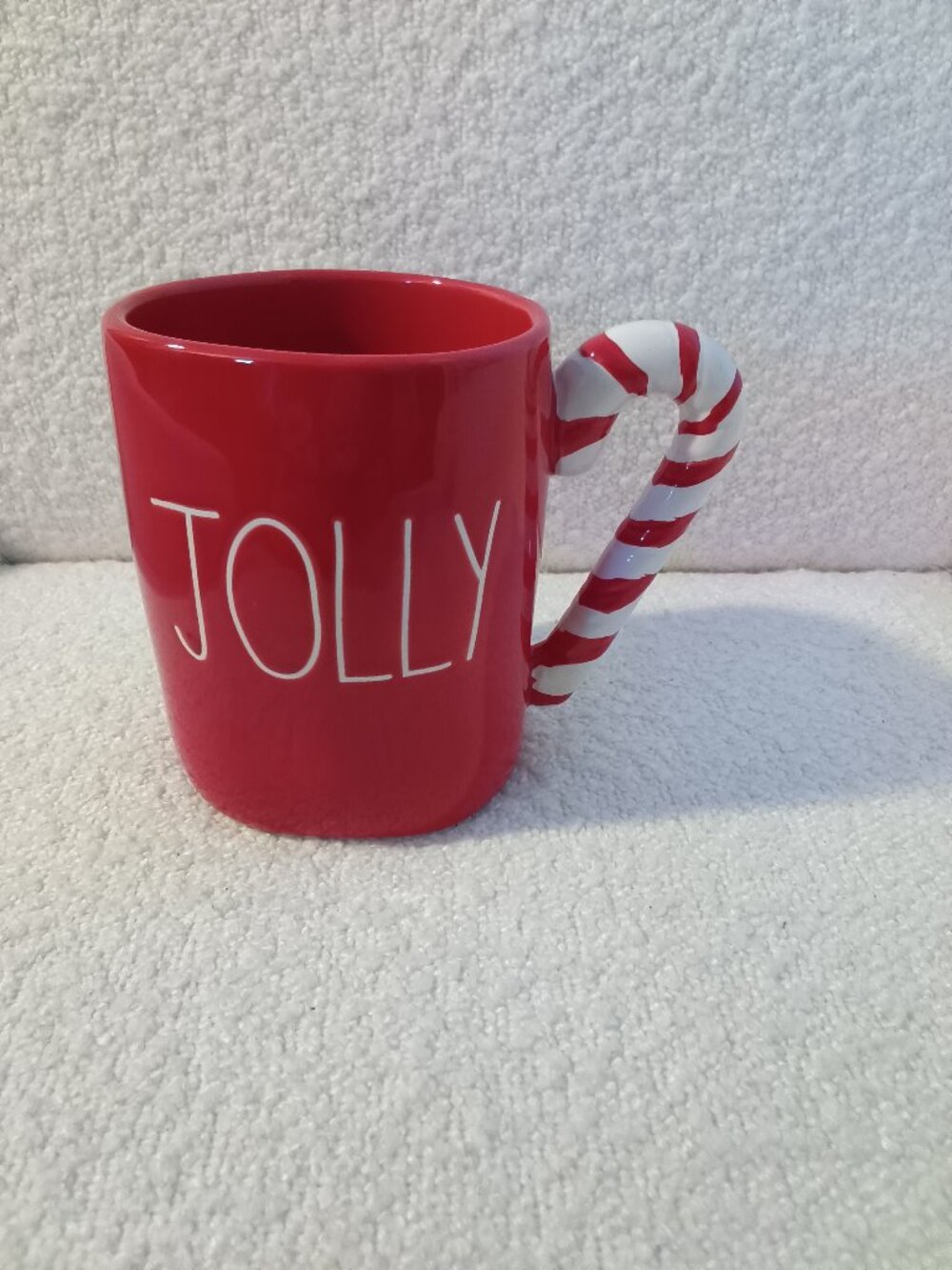 Rae Dunn Red "Jolly" Coffee Mug with Candy Cane Handle Rare